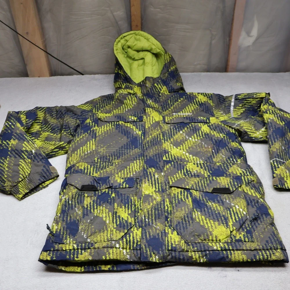 Columbia Jacket Boys 14/16 Green Plaid Waterproof Insulated Hooded Ski Parka